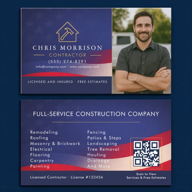 Carte De Visite Patriotic Contractor QR Code Photo (Créateur téléchargé)