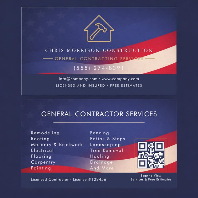 Carte De Visite Patriotic General Contractor QR Code (Créateur téléchargé)