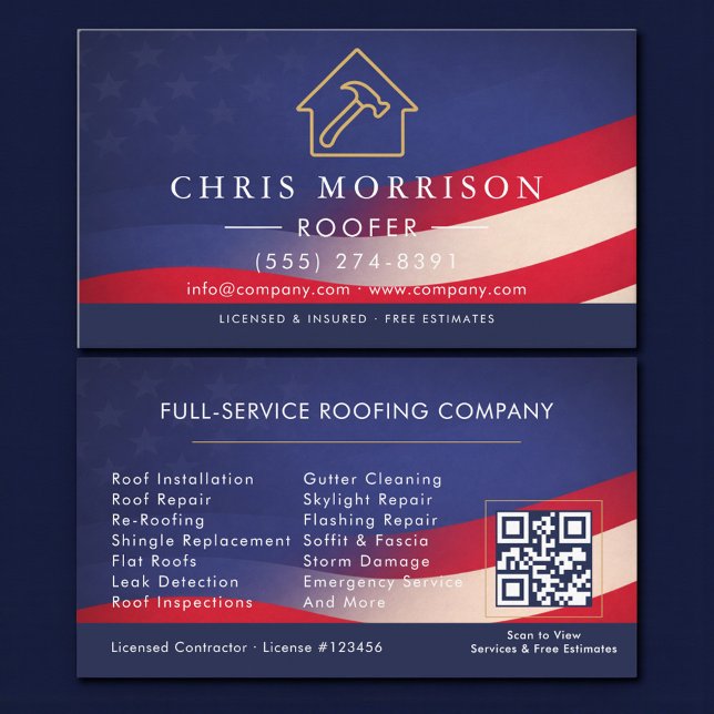 Carte De Visite Patriotic Roofing Roofer QR Code Professional (Créateur téléchargé)
