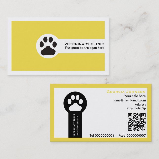 Carte De Visite Patte et code QR jaune Clinique vétérinaire  (Devant / Derrière)