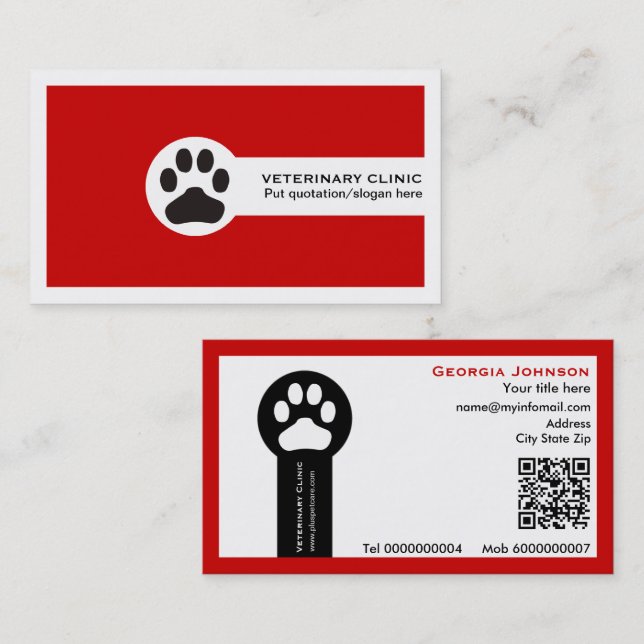 Carte De Visite Patte et code QR rouge Clinique vétérinaire  (Devant / Derrière)