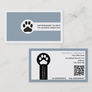Carte De Visite Patte et QR code bleu poussiéreux Clinique vétérin
