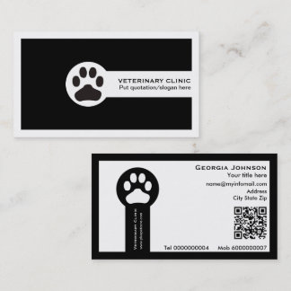Carte De Visite Paw and QR code black Vet/Veterinary Clinic 