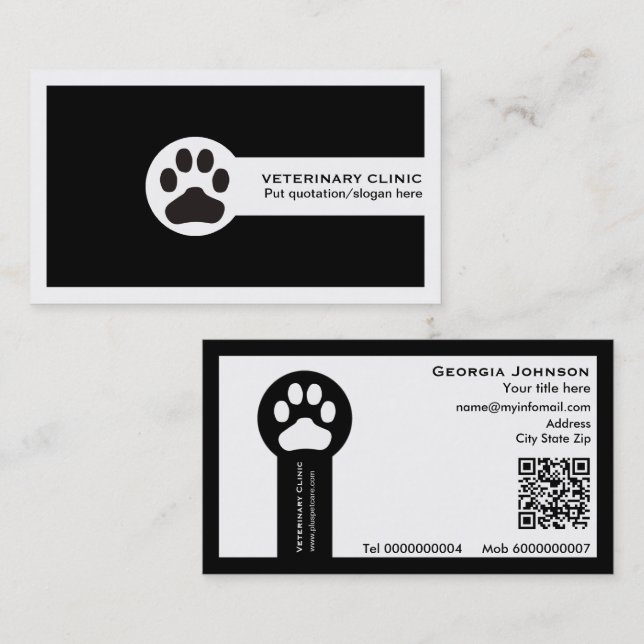 Carte De Visite Paw and QR code black Vet/Veterinary Clinic  (Devant / Derrière)