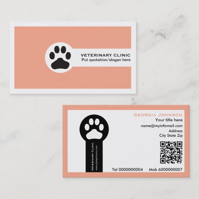 Carte De Visite Paw and QR code peach Vet/Veterinary Clinic  (Devant / Derrière)