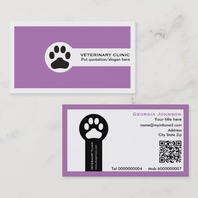 Carte De Visite Paw and QR code purple Vet/Veterinary Clinic  (Devant / Derrière)