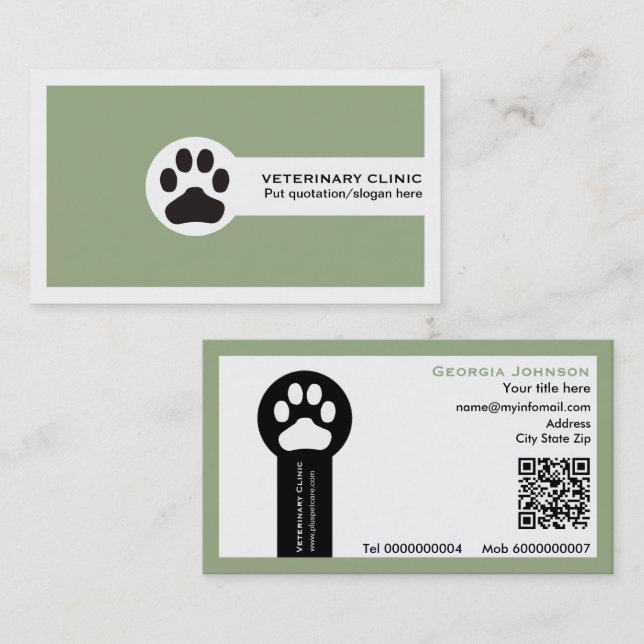 Carte De Visite Paw and QR code sage green Vet/Veterinary Clinic  (Devant / Derrière)