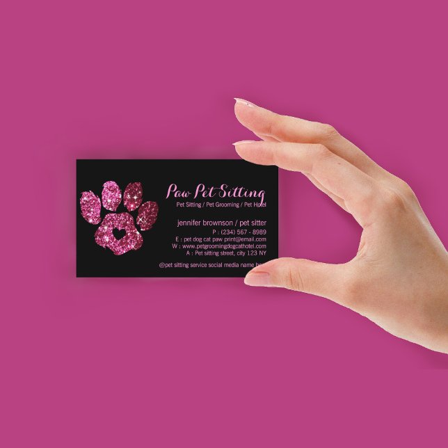 Carte De Visite Paw Pet Pet Pet Pet Sitter Grossing Parties scinti (Paw Pet Sitter Grooming Glitter Pink Black Dog Cat Business Card)
