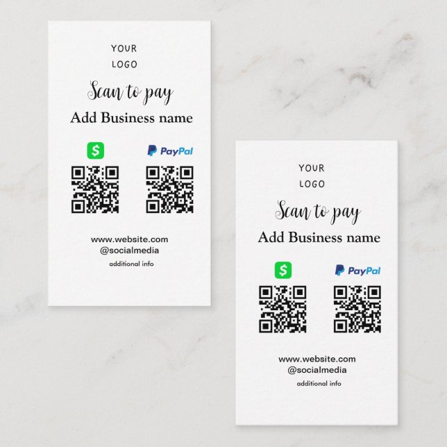 Carte De Visite Paypal Cashapp numérisation pour payer QR ajouter  (Devant / Derrière)