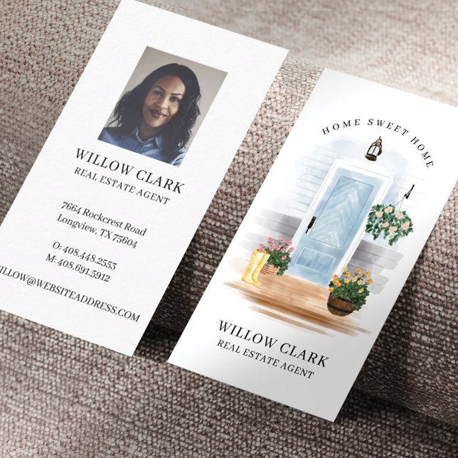 Carte De Visite Pays Aquarelle Porte bleue Agent immobilier (Créateur téléchargé)