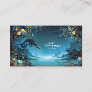 Carte De Visite Paysage nocturne cadre lac sarcelle floral rose or
