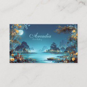 Carte De Visite Paysage nocturne enchanté Or Fleurs Lune Lac