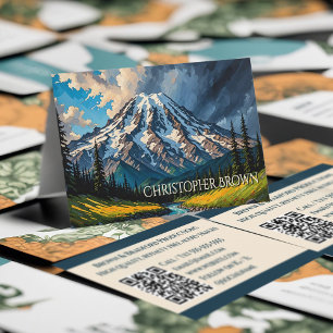 Carte De Visite Paysage vibrant du Mont Rainier Nuages Arbres QR