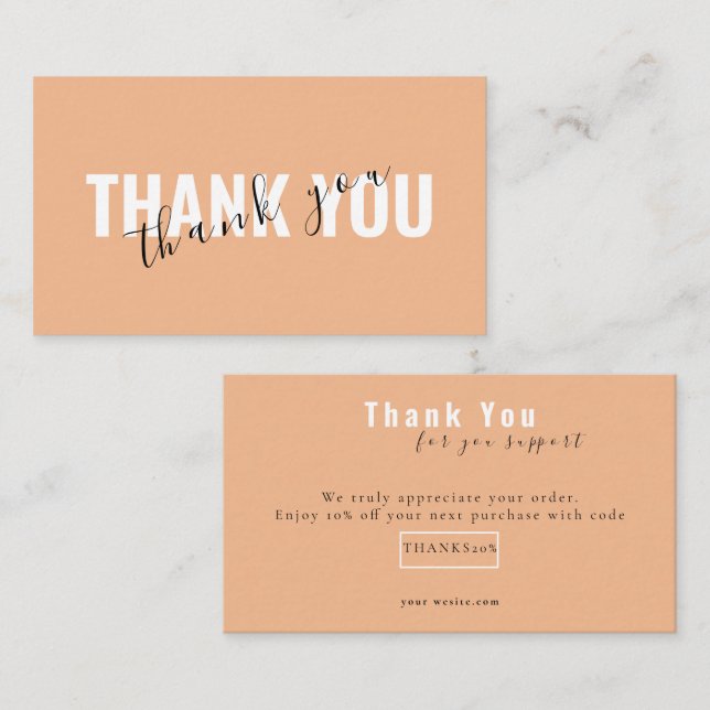 Carte De Visite Peach Bold Script Thank You Card Discount Business (Devant / Derrière)