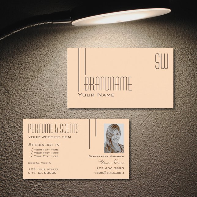 Carte De Visite Peach Pastel clair avec Monogramme et Photo Modern (Créateur téléchargé)