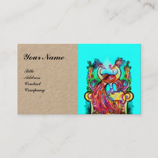 Carte De Visite PEACOCKS EN AMOUR MARIAGE MONOGRAM Rouge Aqua Bleu (Devant)