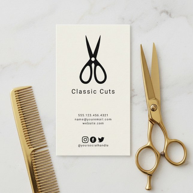 Carte De Visite Peaux de poils coupés avec petit logo ciseaux (Mens barber hair cut with small scissors logo business card.)
