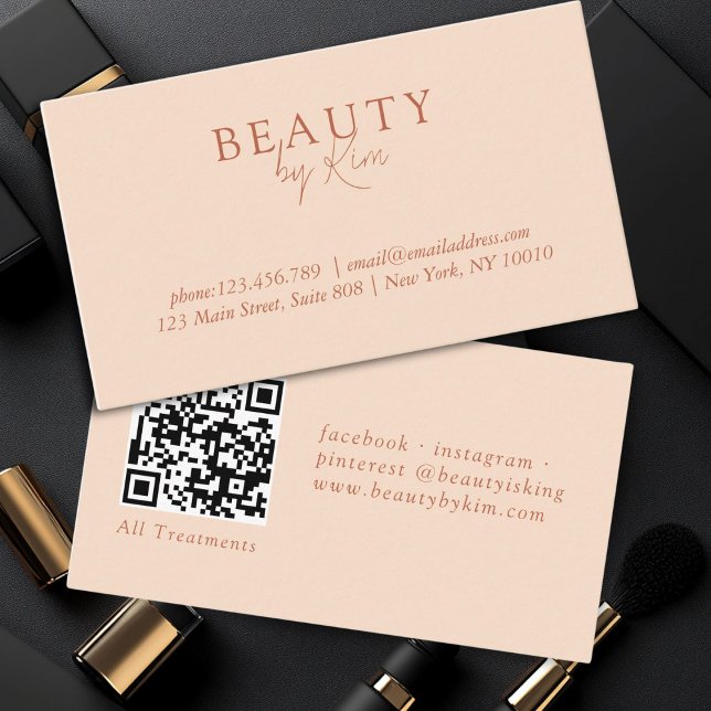 Carte De Visite Pêche, Élégant minimal, Code QR du salon (Peach, Minimal Elegant, Salon QR Code Business Card)