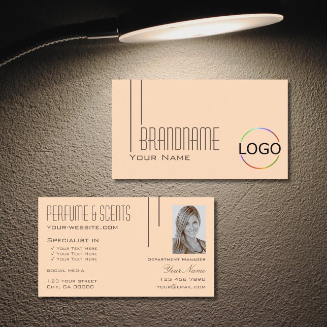 Carte De Visite Pêche Pastel Plain avec Logo & Photo Professionnel (Créateur téléchargé)