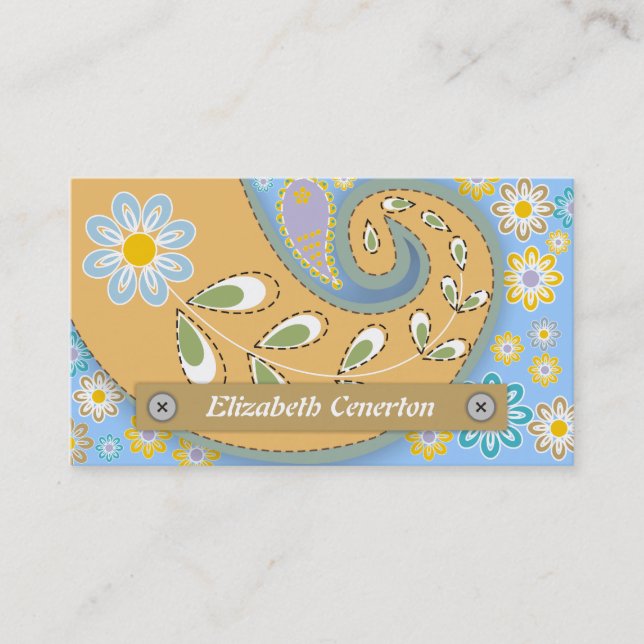 Carte De Visite Pêche rétro, motif cachemire bleu floral (Devant)