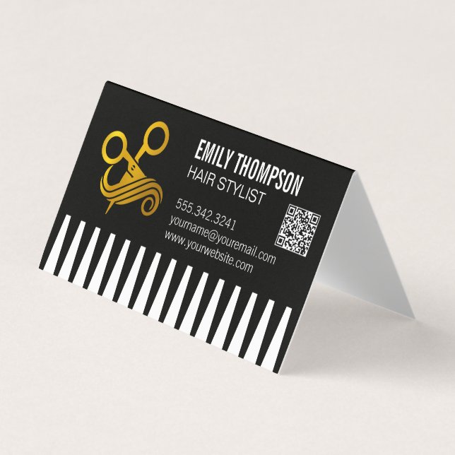 Carte De Visite Peigne en or | Coiffeur | Code QR (Devant)