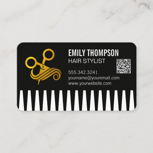 Carte De Visite Peigne en Or | Coiffeur | Code QR (Devant)