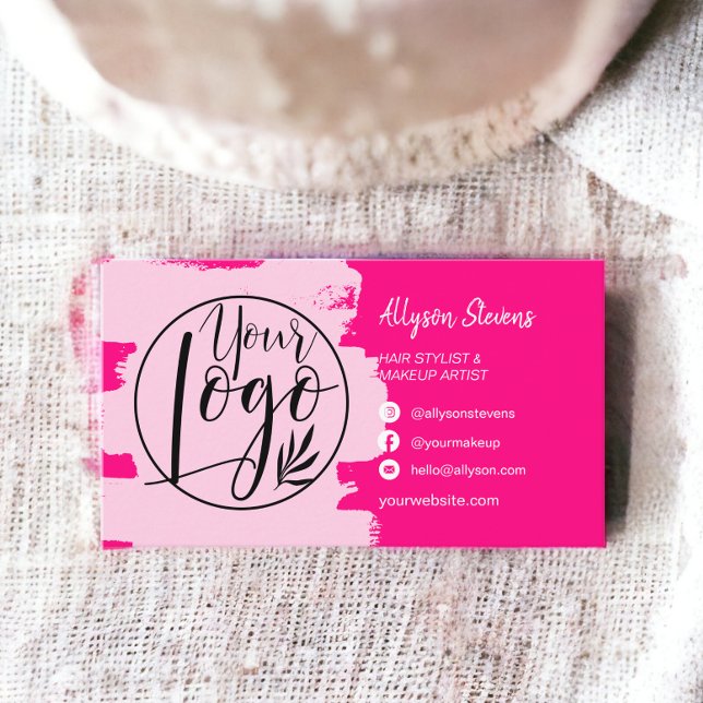 Carte De Visite Peignoir rose néon brosse cheveux maquillage photo (Neon pink brush hair makeup photo logo qr code business card)