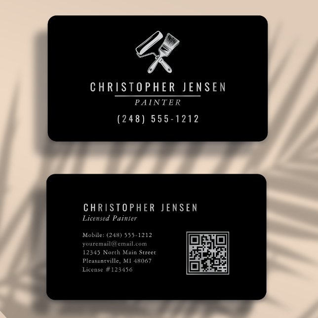 Carte De Visite Peintre Code QR Noir Gris Arrondi Peinture (Créateur téléchargé)