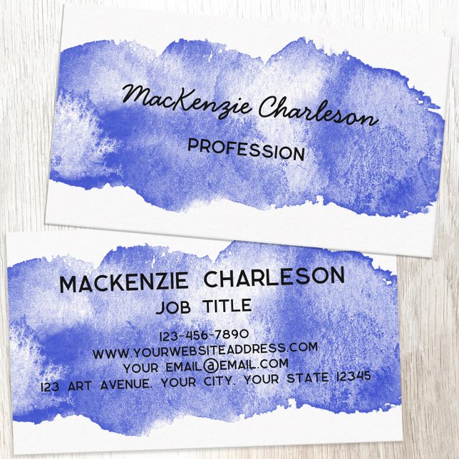 Carte De Visite Peinture d'aquarelle simple Bleu (Simple watercolor paint brushstroke custom text business card)