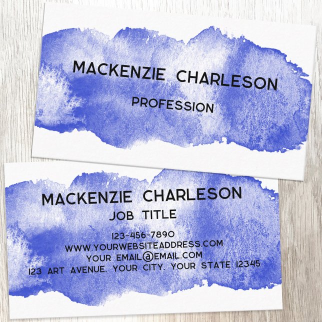 Carte De Visite Peinture d'aquarelle simple Bleu (Simple watercolor paint brushstroke custom text business card)