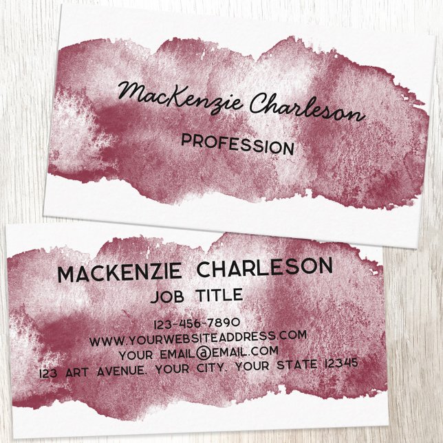 Carte De Visite Peinture d'aquarelle simple Brosse Bourgogne (Simple watercolor paint brushstroke custom text business card)