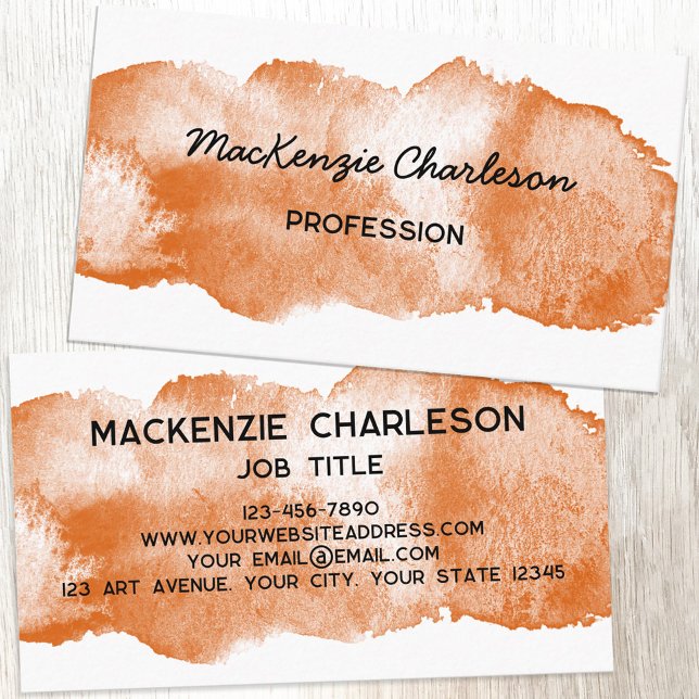 Carte De Visite Peinture simple aquarelle brosse Brûlé orange (Simple watercolor paint brushstroke custom text business card)