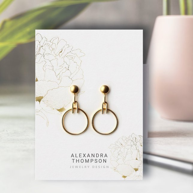 Carte De Visite Peony Faux Gold Design Sketch Design Bijoux (floral earrings jewelry display card faux gold peony art sketch modern minimalist elegant template)