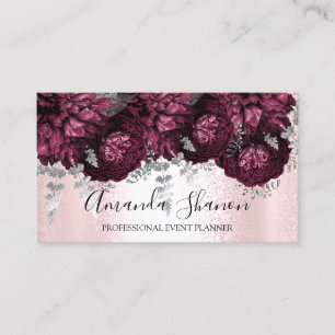 Carte De Visite Peony Flowers Pink Silver Logo Planificateur d'évé
