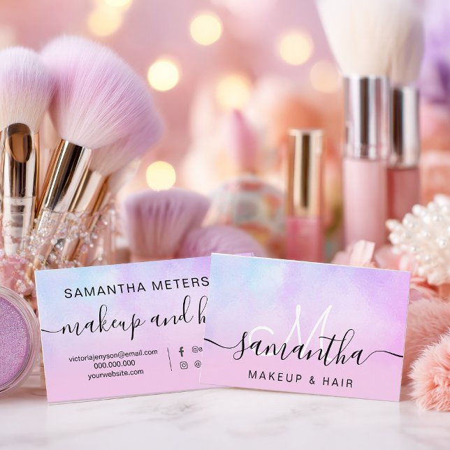 Carte De Visite Perle Rose Ombré Holographique Maquillage Script d (Pink Pearl Ombre Holographic Beauty Makeup Script Business Card)