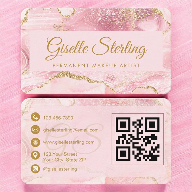 Carte De Visite Permanent Makeup Artist Pink Gold Agate QR Code (Créateur téléchargé)