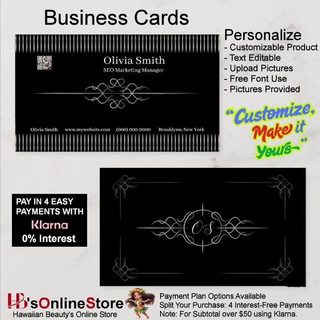 Carte De Visite Personnalisable Élégant Noir 2 (Customizable Editable Elegant Black Business Card 2.)