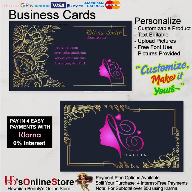 Carte De Visite Personnalisable Pink Gold Elegant Modèle 12 (Customizable Pink Gold Elegant Template Business Card 12.)