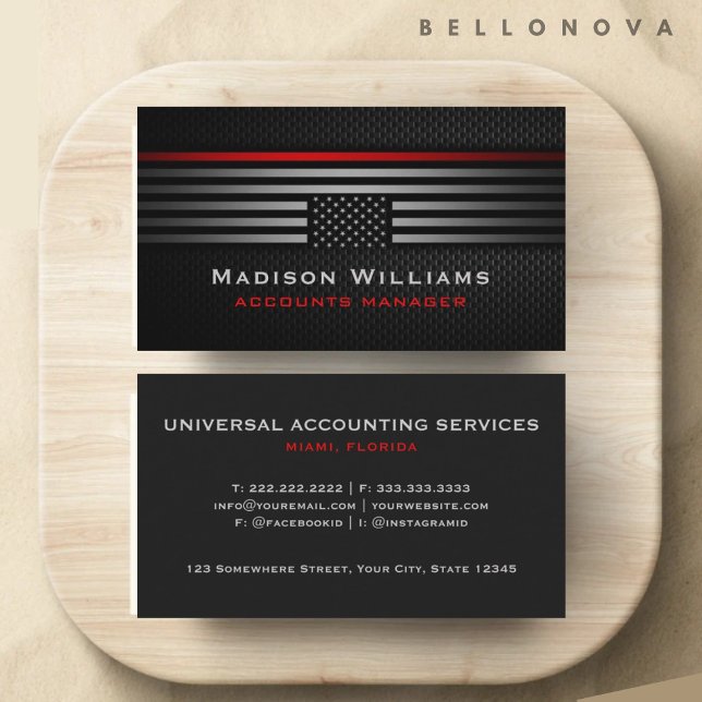 Carte De Visite Personnalisé Black Grey Red États-Unis America Fla (Custom Black Grey Red The USA America Flag Premium Business Card)