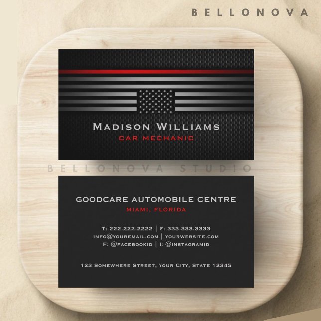 Carte De Visite Personnalisé Black Grey Red États-Unis America Fla (Custom Black Grey Red The USA America Flag Premium Business Card)