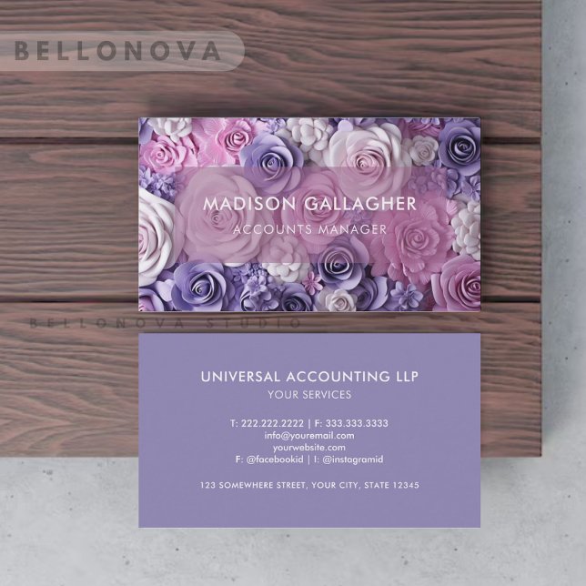 Carte De Visite Personnalisé blanc rose violet bleu Floral Profess (Custom White Pink Purple Blue Floral Professional Business Card)