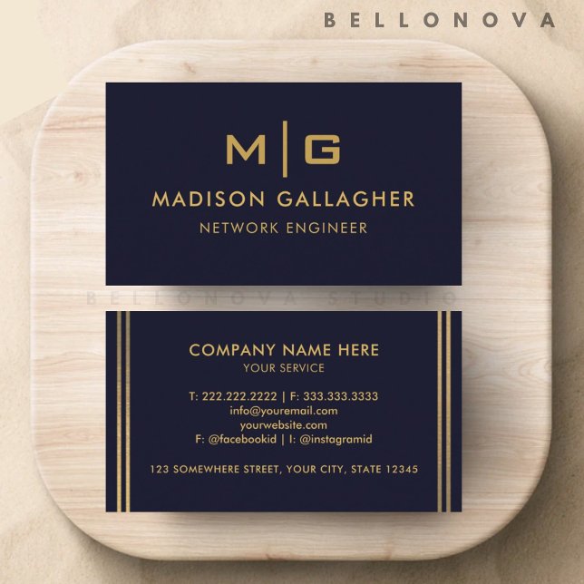 Carte De Visite Personnalisé bleu marine noir et or professionnel (Custom Dark Navy Blue Black And Gold Professional Business Card)