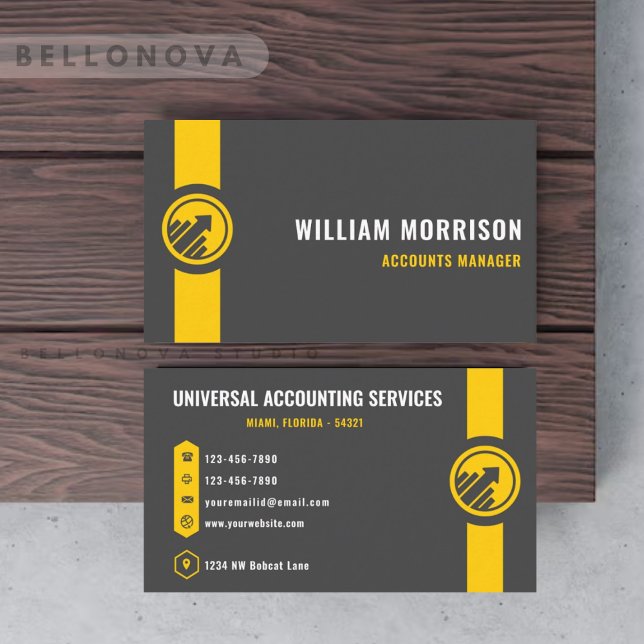 Carte De Visite Personnalisé gris foncé Noir Jaune Finance Profess (Custom Dark Grey Black Yellow Finance Professional Business Card)