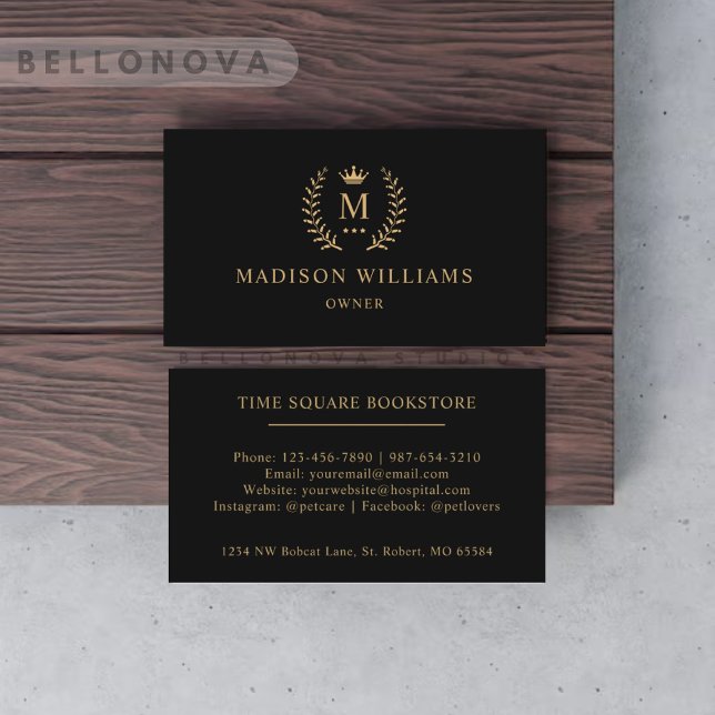 Carte De Visite Personnalisé Initial & Nom Noir Et Or Monogramme (Custom Initial & Name Black And Gold Monogrammed Business Card)