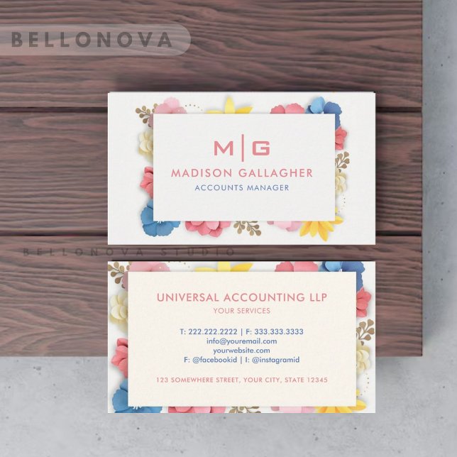 Carte De Visite Personnalisé Rose couleur rose floral professionne (Custom White Pink Colorful Floral Professional Business Card)