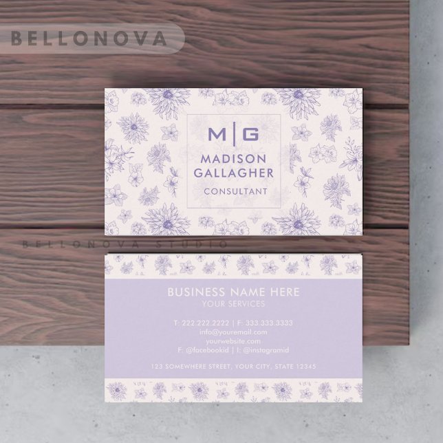 Carte De Visite Personnalisé Violet Violet Rose doux Floral Profes (Custom Violet Purple Soft Pink Floral Professional Business Card)