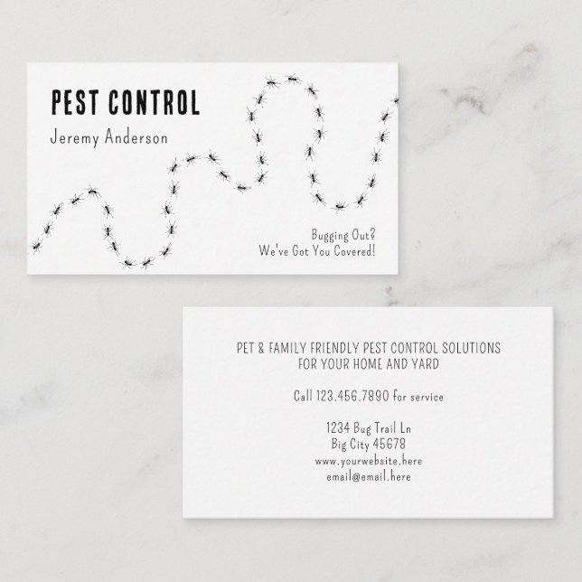 Carte De Visite Pest Control Ants Bugs Moderne Minimale Noir Blanc (Devant / Derrière)