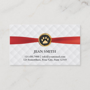 Carte De Visite Pet Care Gold Paw Red Ribbon Élégant