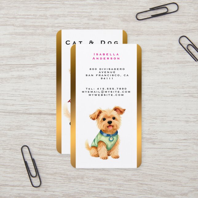 Carte De Visite Pet Grooming Personalized Gold Elegant Collection (Devant/Arrière en situation)