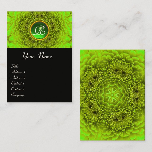 CARTE DE VISITE PÉTALES DE FLEURS DE DAHLIA VERT MONOGRAM GEM EMER (Devant / Derrière)
